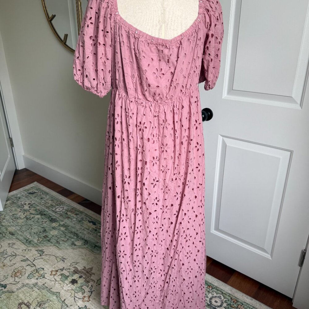Eloquii Eyelet Detail Tie Front Puff Sleeve Maxi Dress Pink Mauve Size 18 - Picture 7 of 11